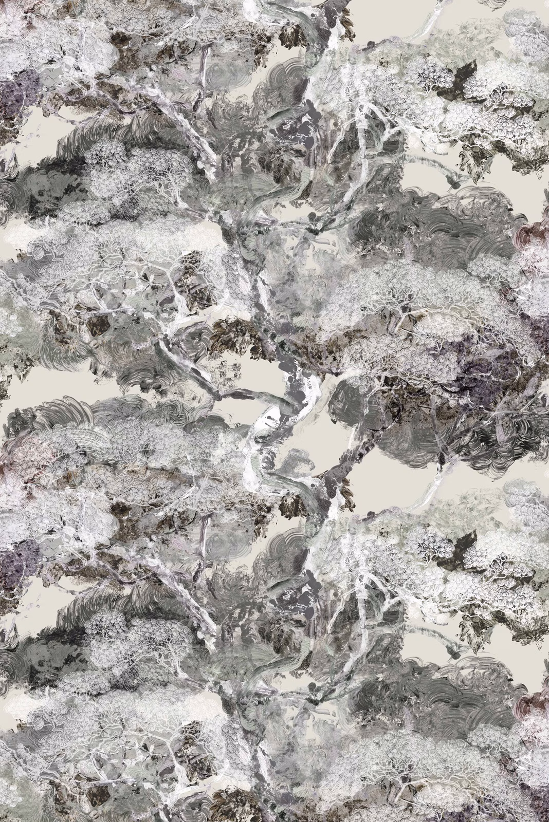 Matzu Tree Superwide Wallpaper Streak Bleach Grey fabric
