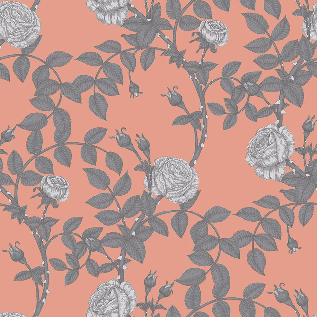 McGegan Rose Wallpaper Greys on Blush fabric