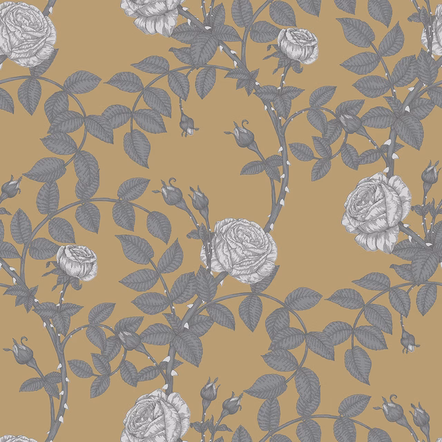 McGegan Rose Wallpaper Greys on Khaki fabric