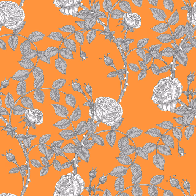 McGegan Rose Wallpaper Greys on Orange fabric