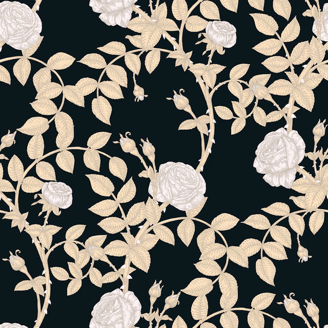 McGegan Rose Wallpaper Neutrals on Black fabric