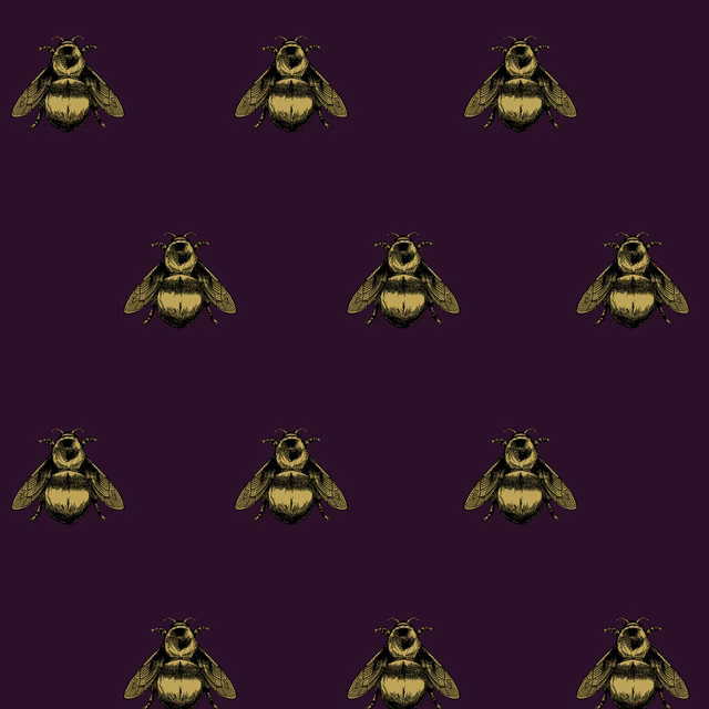 Napoleon Bee Velvet Fabric Black & Pale Gold on Aubergine fabric