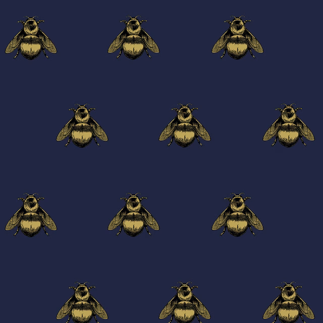 Napoleon Bee Velvet Fabric Black & Pale Gold on Navy fabric