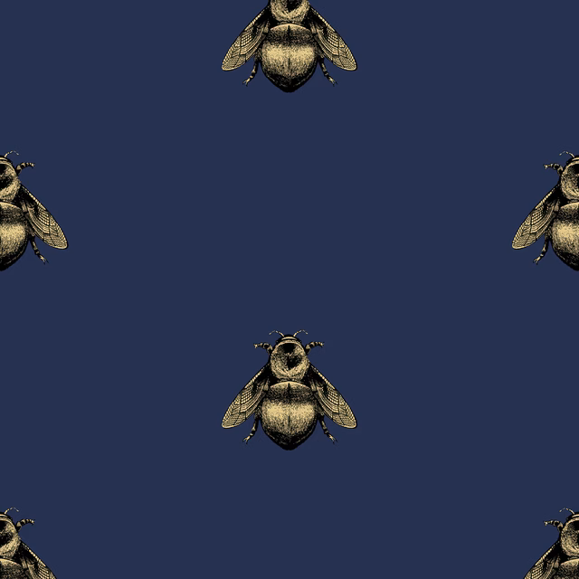 Napoleon Bee Wallpaper Black & Gold on Navy fabric