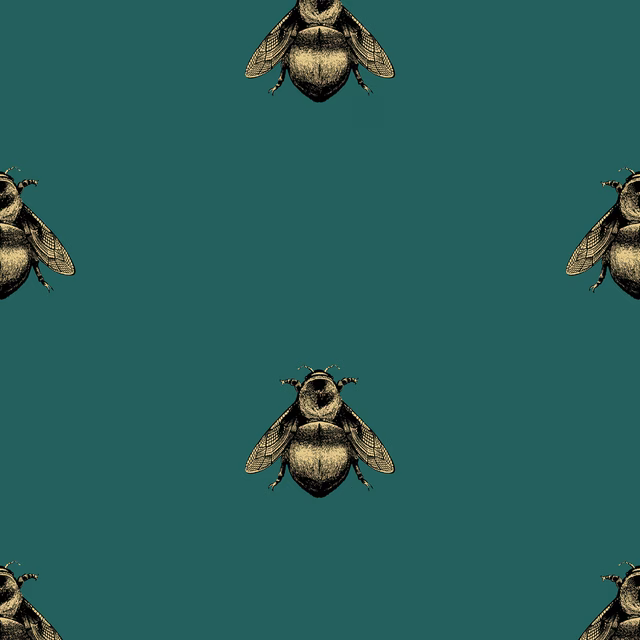 Napoleon Bee Wallpaper Black & Gold on Sea Green fabric