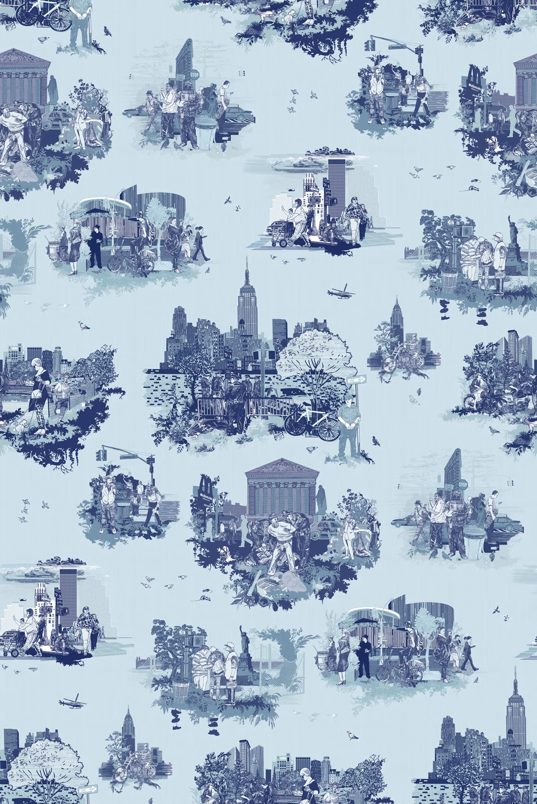 New York Toile Wallpaper Blues fabric