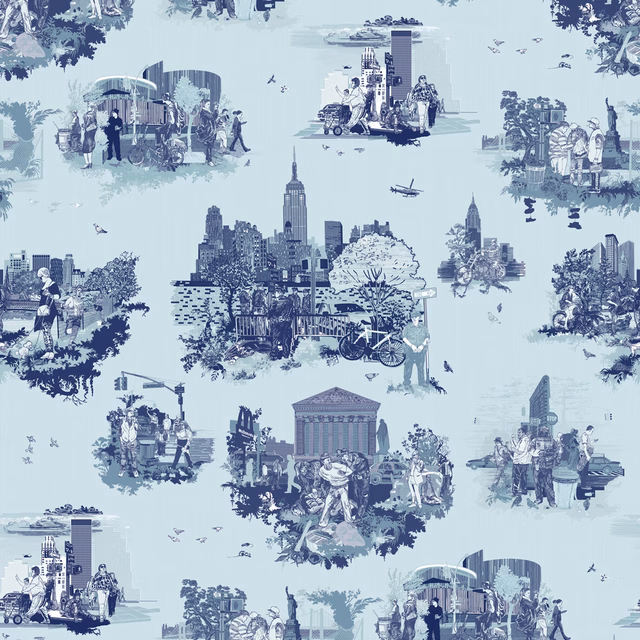 New York Toile Wallpaper Blues fabric