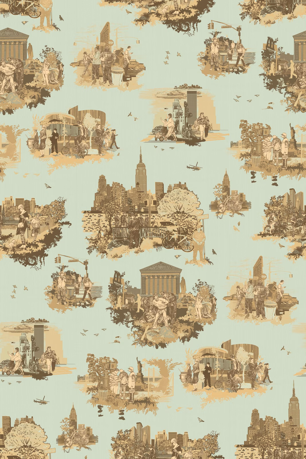 New York Toile Wallpaper Browns on Green fabric