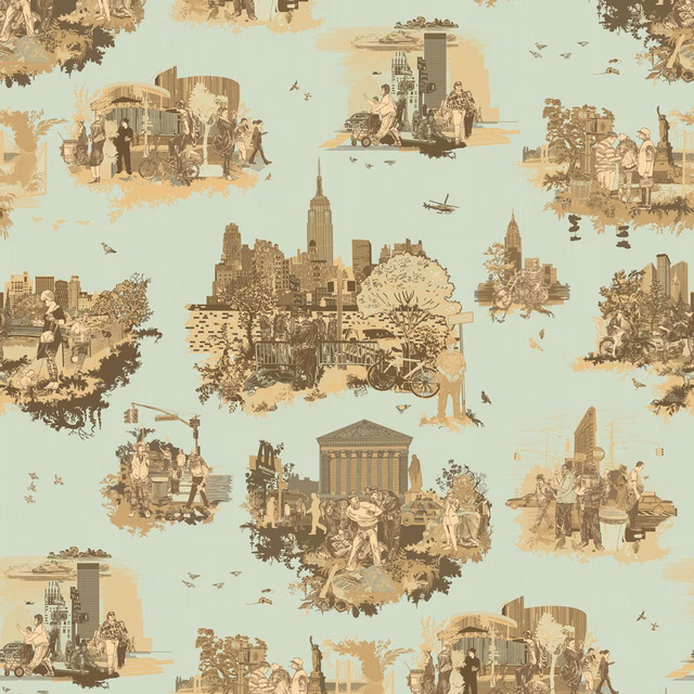 New York Toile Wallpaper Browns on Green fabric