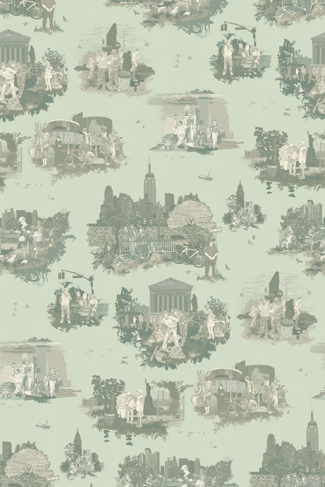 New York Toile Wallpaper Greens fabric