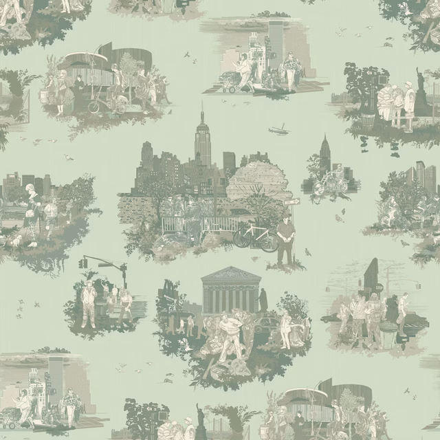 New York Toile Wallpaper Greens fabric