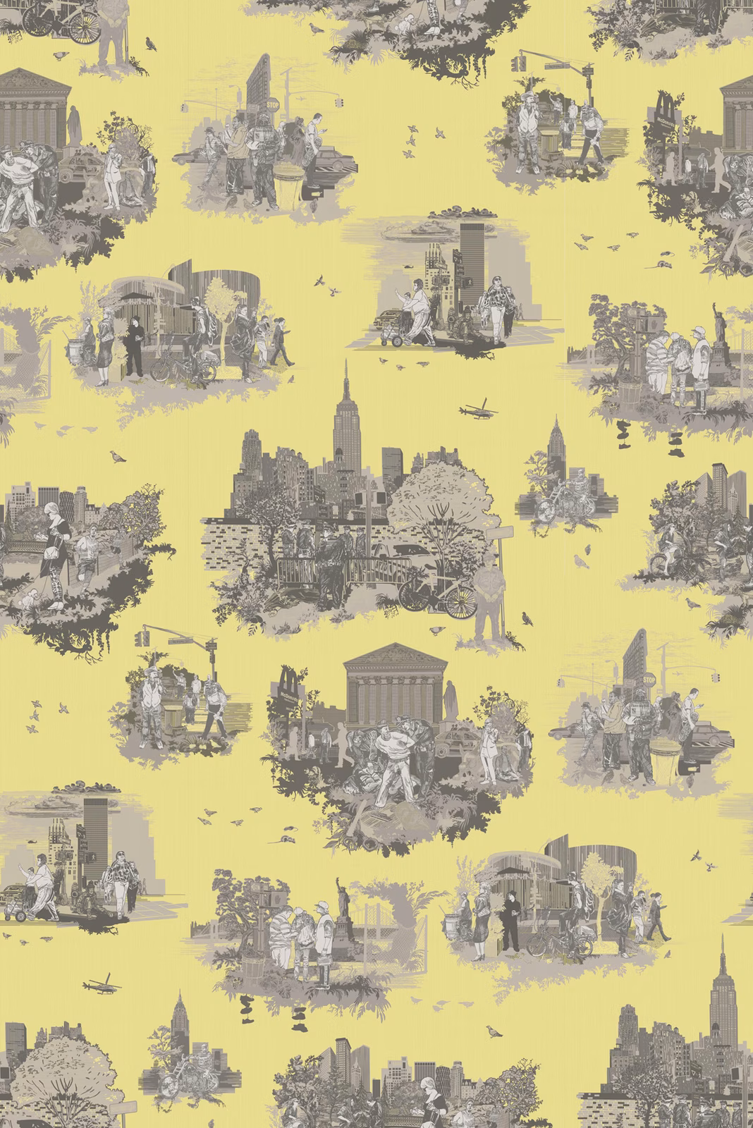 New York Toile Wallpaper Greys on Yellow fabric