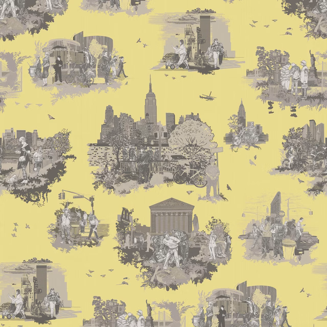 New York Toile Wallpaper Greys on Yellow fabric