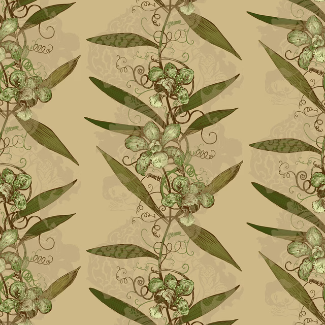 Oriental Orchid Wallpaper Greens on Khaki fabric