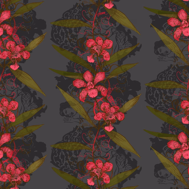 Oriental Orchid Wallpaper Reds & Greens on Black fabric