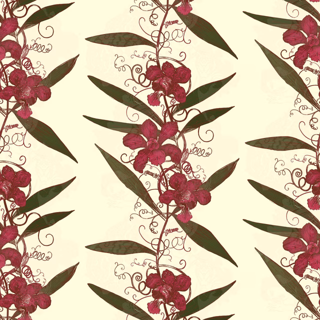 Oriental Orchid Wallpaper Reds & Greens on Cream fabric