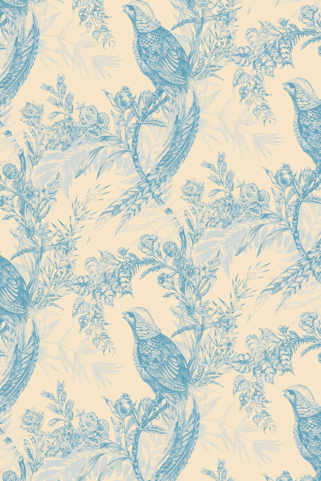 Pheasant Wallpaper Blues on Cream fabric