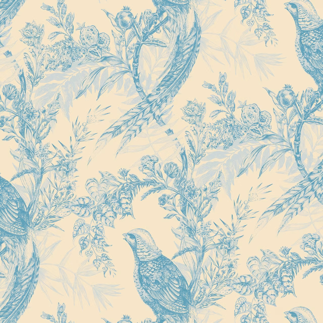 Pheasant Wallpaper Blues on Cream fabric