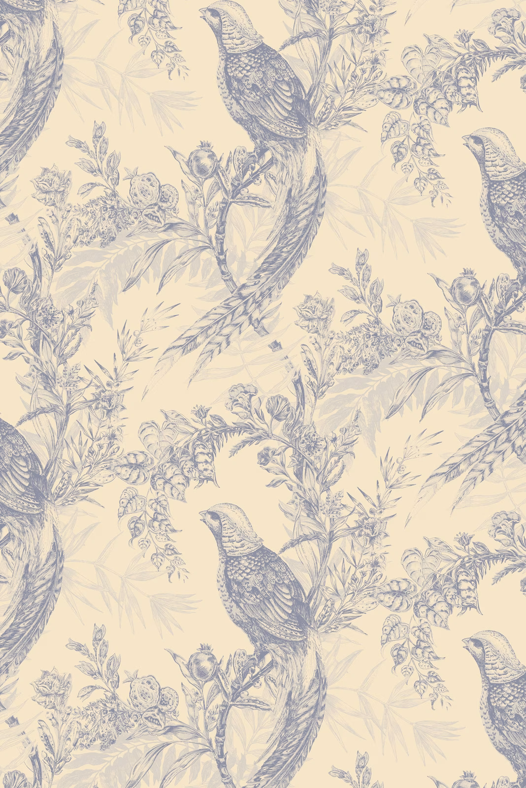 Pheasant Wallpaper Greys on Cream fabric