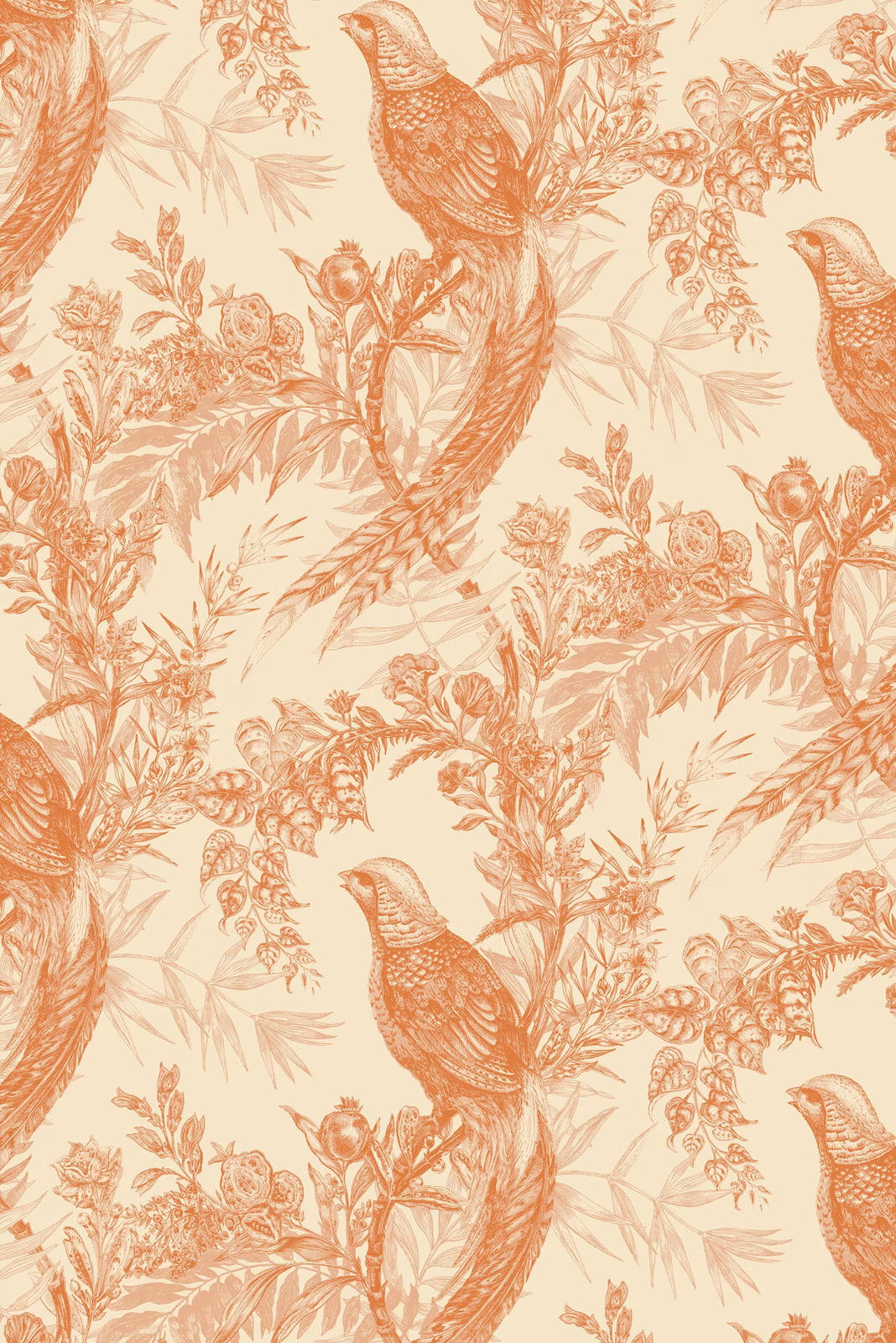 Pheasant Wallpaper Oranges on Cream fabric