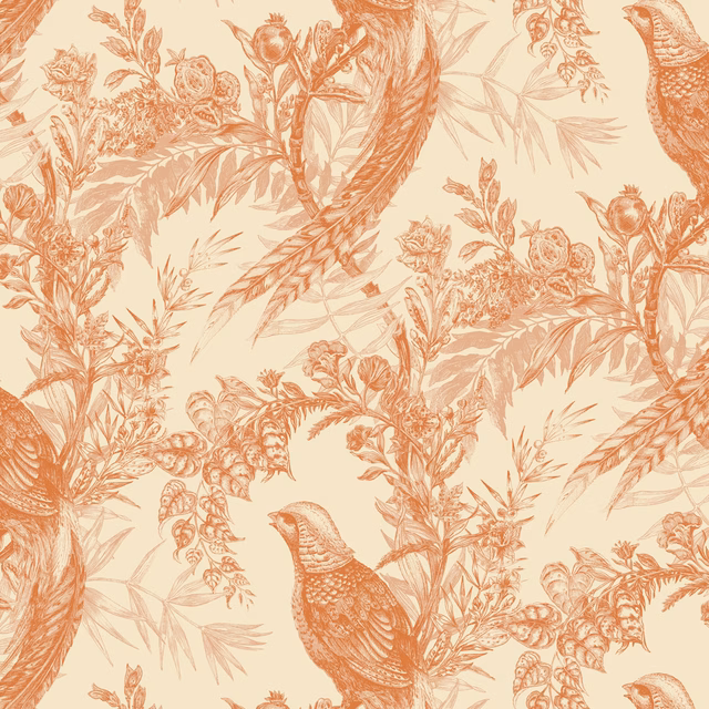 Pheasant Wallpaper Oranges on Cream fabric