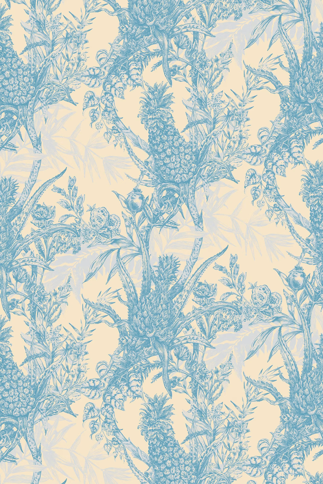 Pineapple Wallpaper Blues on Cream fabric