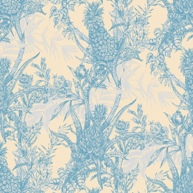 Pineapple Wallpaper Blues on Cream fabric