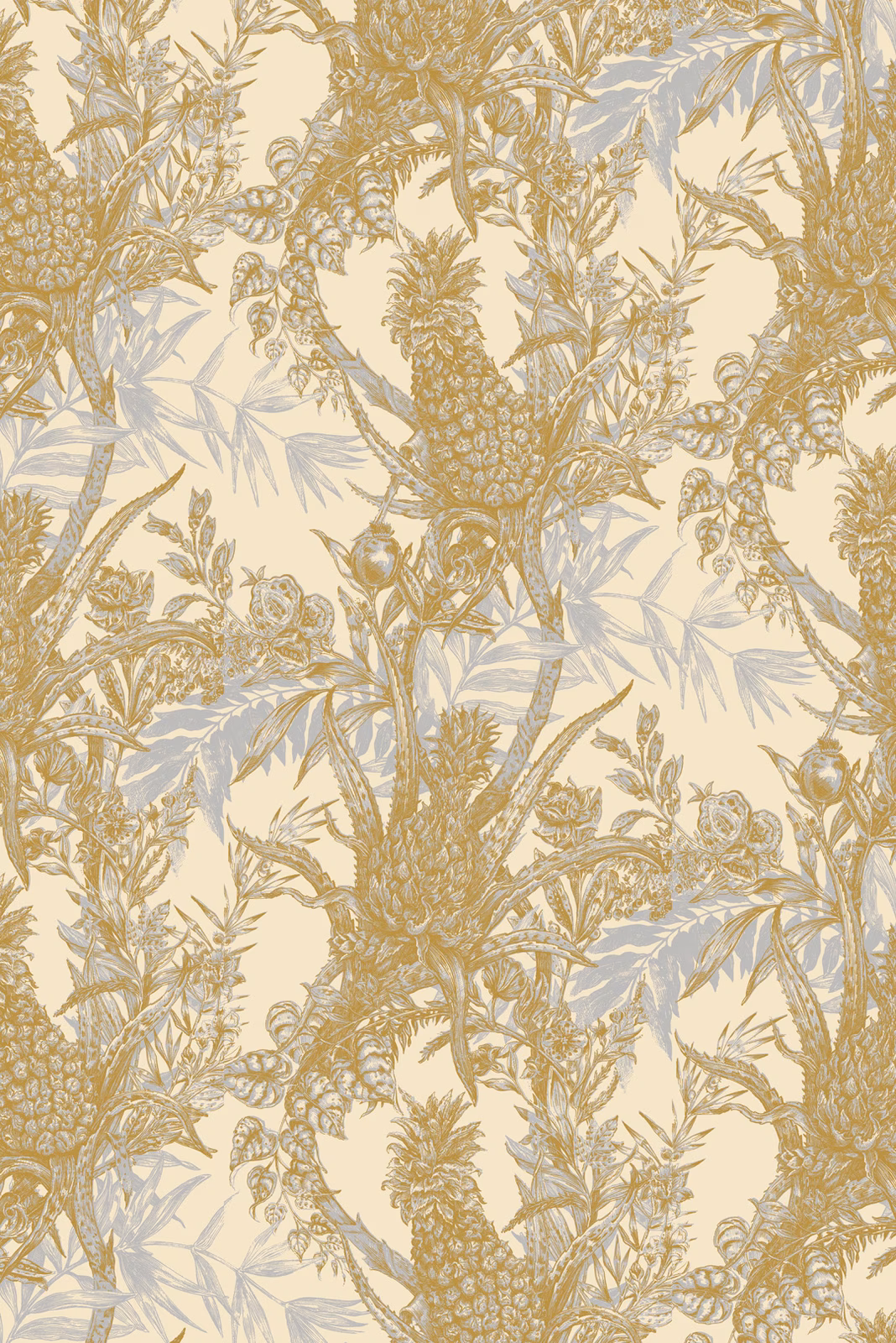 Pineapple Wallpaper Grey & Ochre on Cream fabric