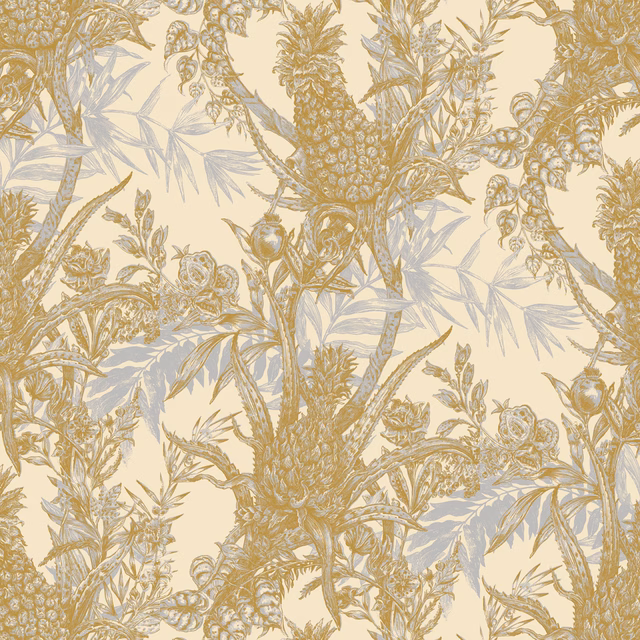 Pineapple Wallpaper Grey & Ochre on Cream fabric