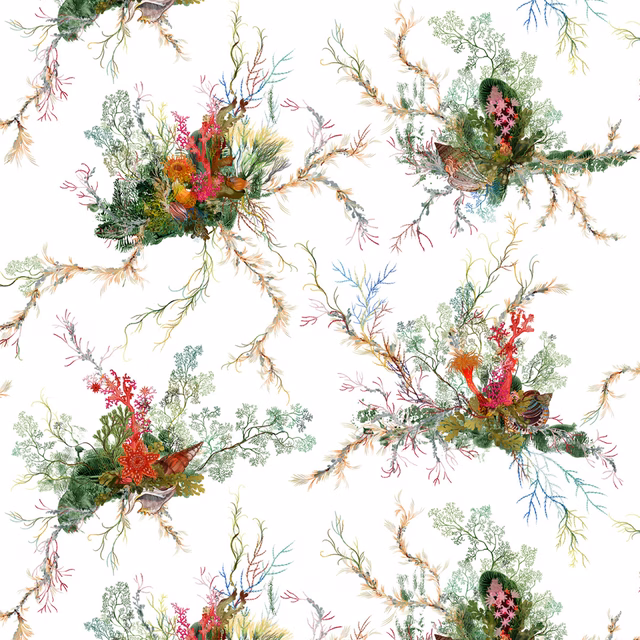 Seaweed And Shell Wallpaper White fabric