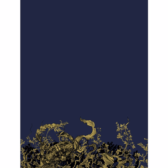 Shell And Crab Velvet Fabric Black & Pale Gold on Navy fabric