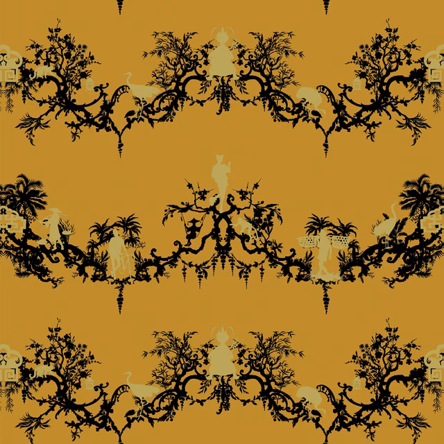 Shuiping De Pillement Velvet Fabric Black & Pale Gold on Honey fabric