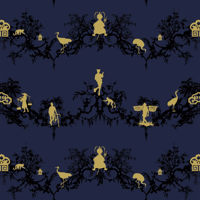 Shuiping De Pillement Velvet Fabric Black & Pale Gold on Navy fabric