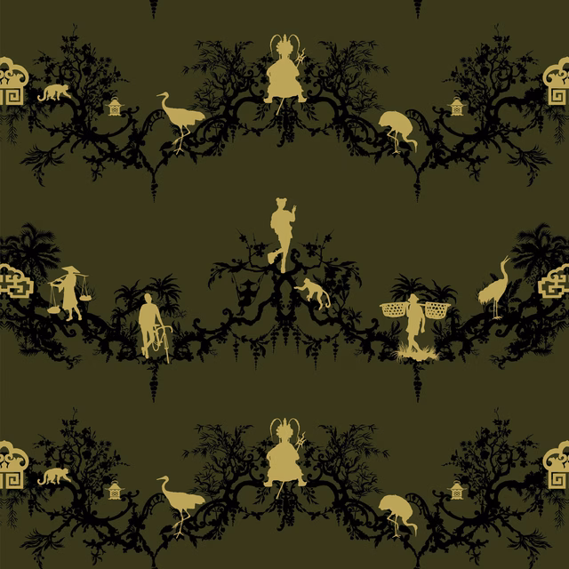 Shuiping De Pillement Velvet Fabric Black & Pale Gold on Olive fabric