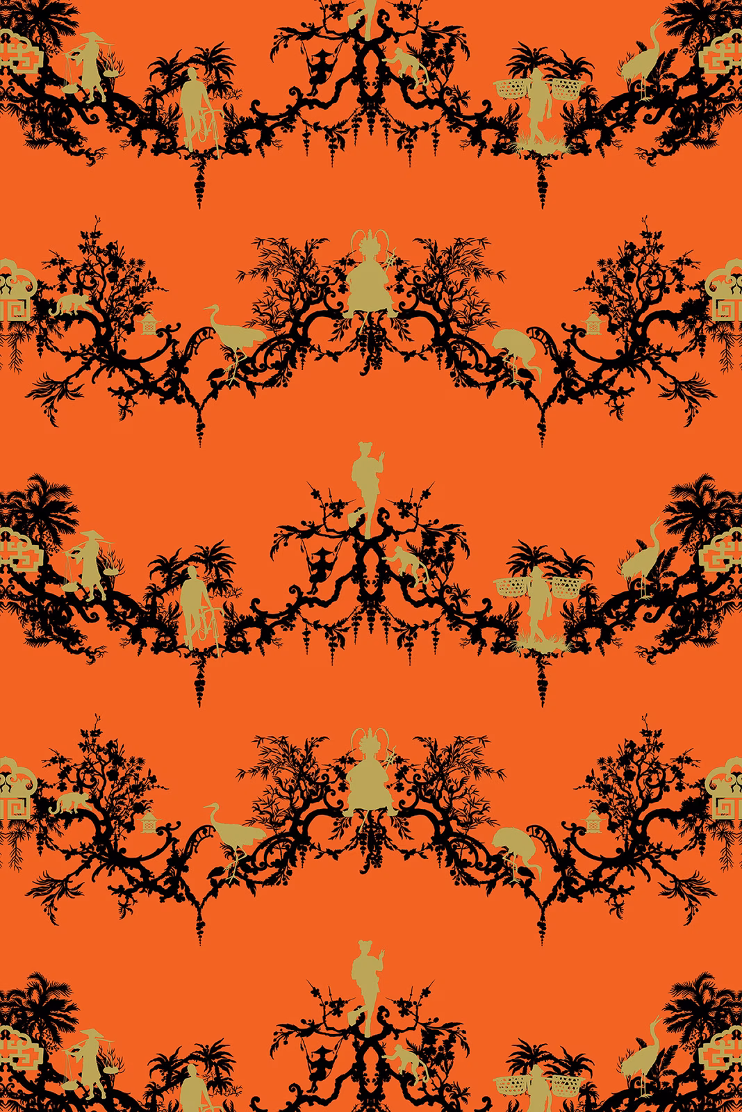 Shuiping De Pillement Velvet Fabric Black & Pale Gold on Orange fabric