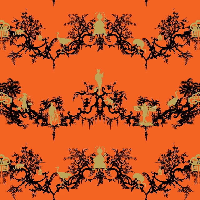 Shuiping De Pillement Velvet Fabric Black & Pale Gold on Orange fabric