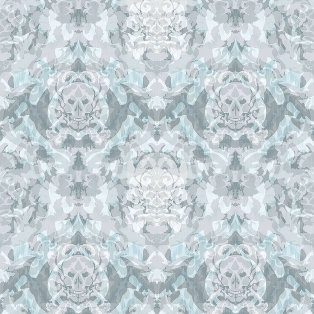 Skull Damask Superwide Wallpaper Pale Blue fabric