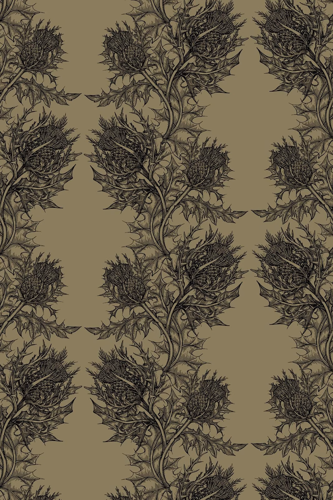 Thistle Wallpaper Black on Khaki fabric
