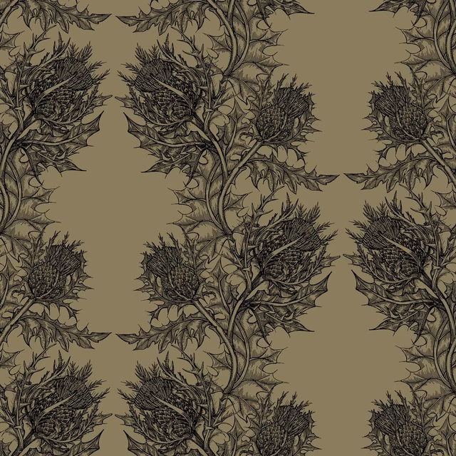 Thistle Wallpaper Black on Khaki fabric