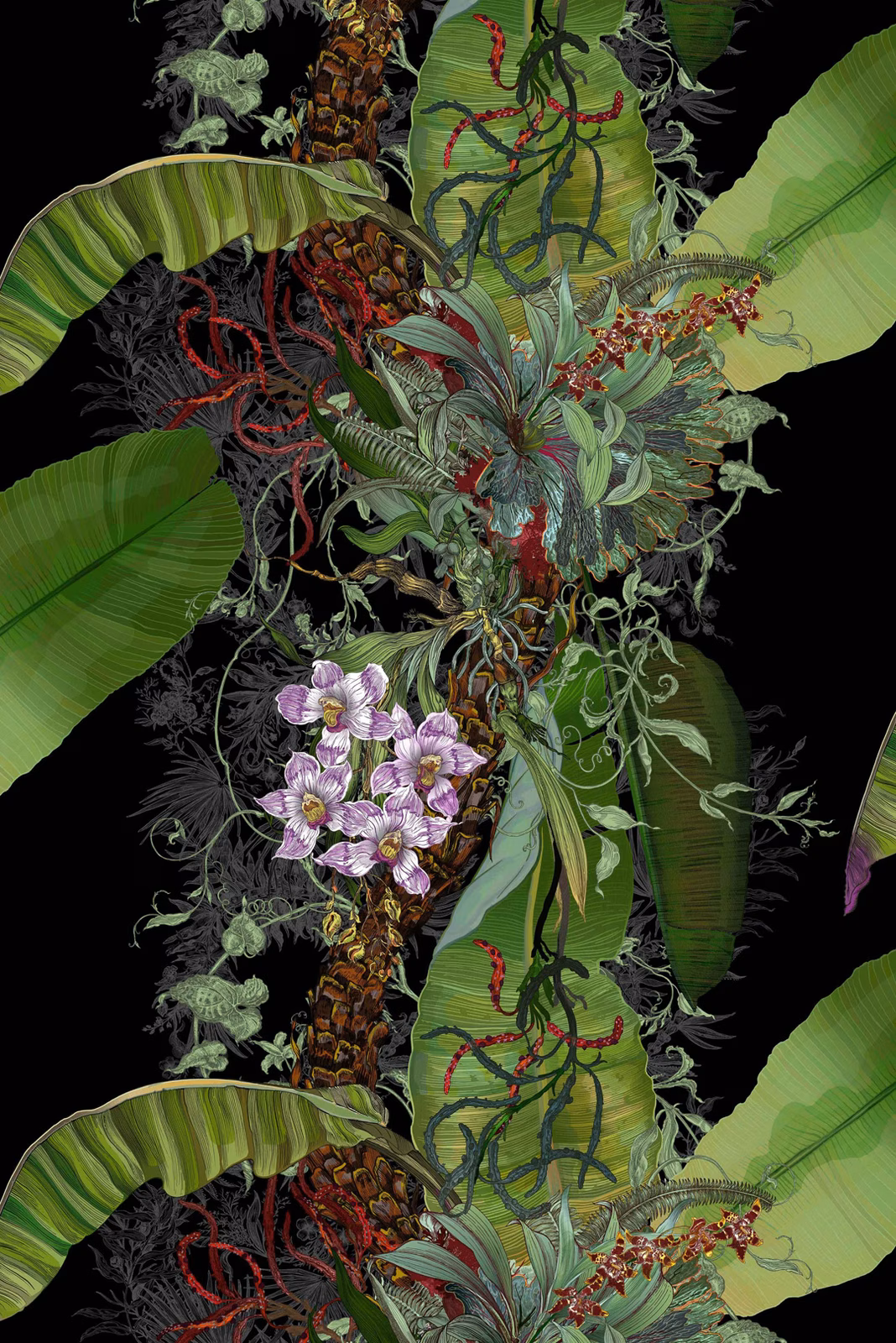 Topical Tropical Superwide Wallpaper Black fabric