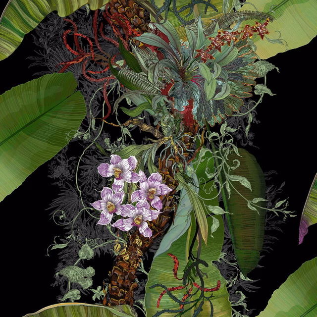Topical Tropical Superwide Wallpaper Black fabric