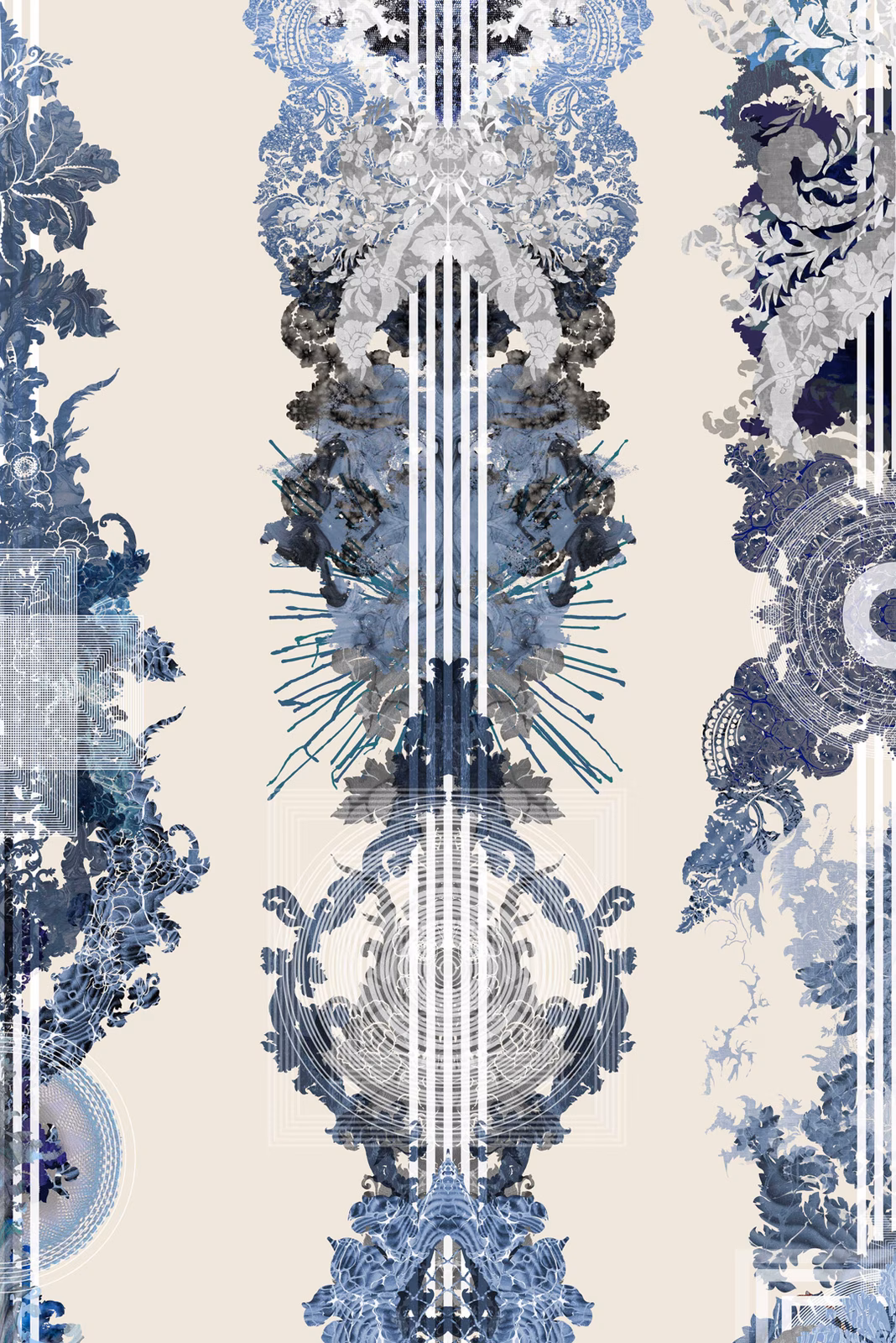Totem Damask Wallpaper Black & Blue fabric