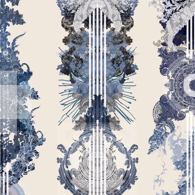 Totem Damask Wallpaper Black & Blue fabric