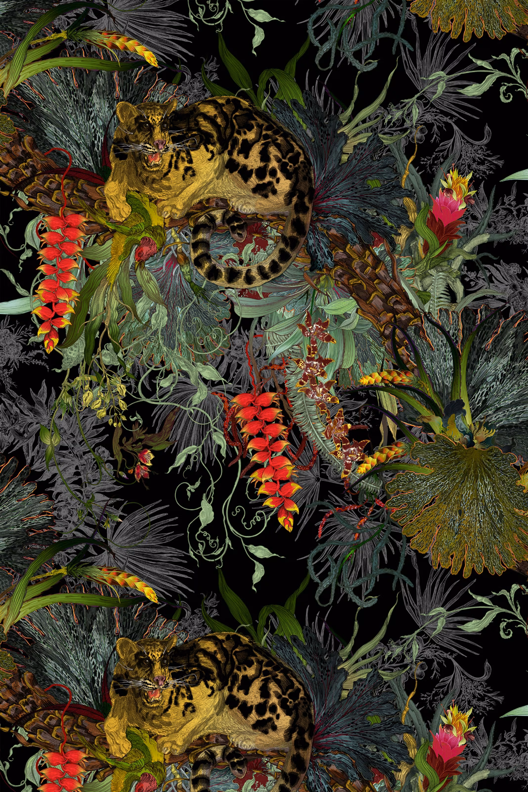Tropical Clouded Leopard Superwide Wallpaper Black fabric