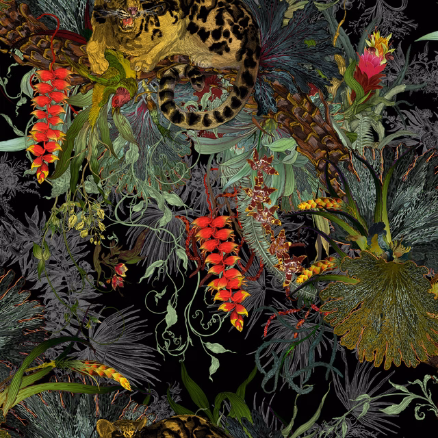 Tropical Clouded Leopard Superwide Wallpaper Black fabric
