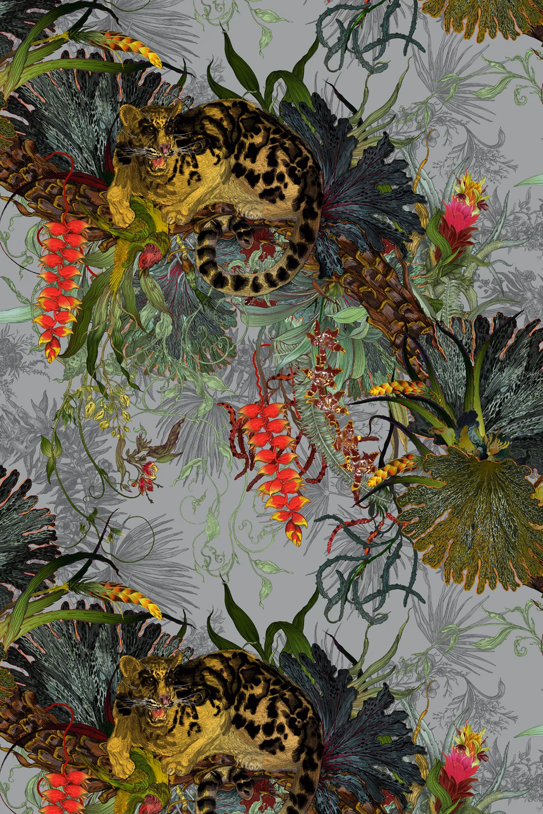 Tropical Clouded Leopard Superwide Wallpaper Grey fabric