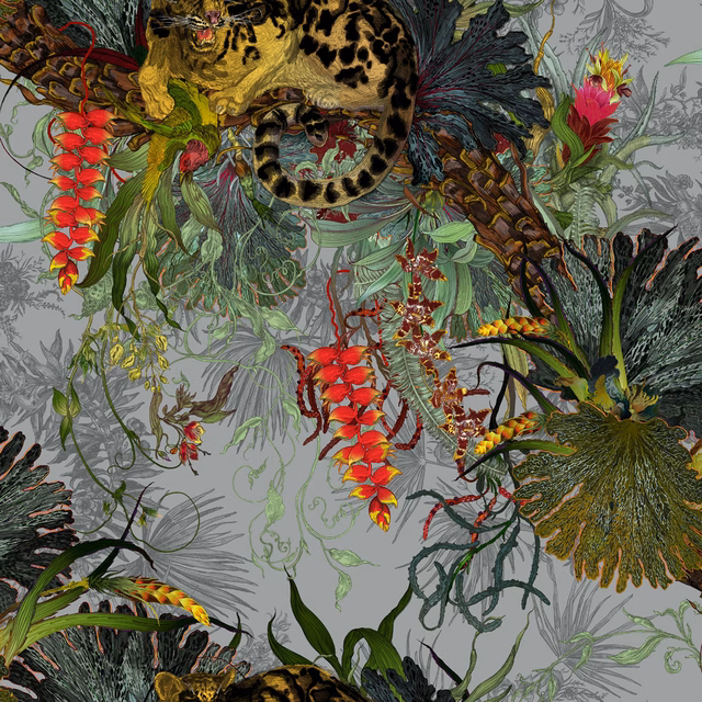 Tropical Clouded Leopard Superwide Wallpaper Grey fabric