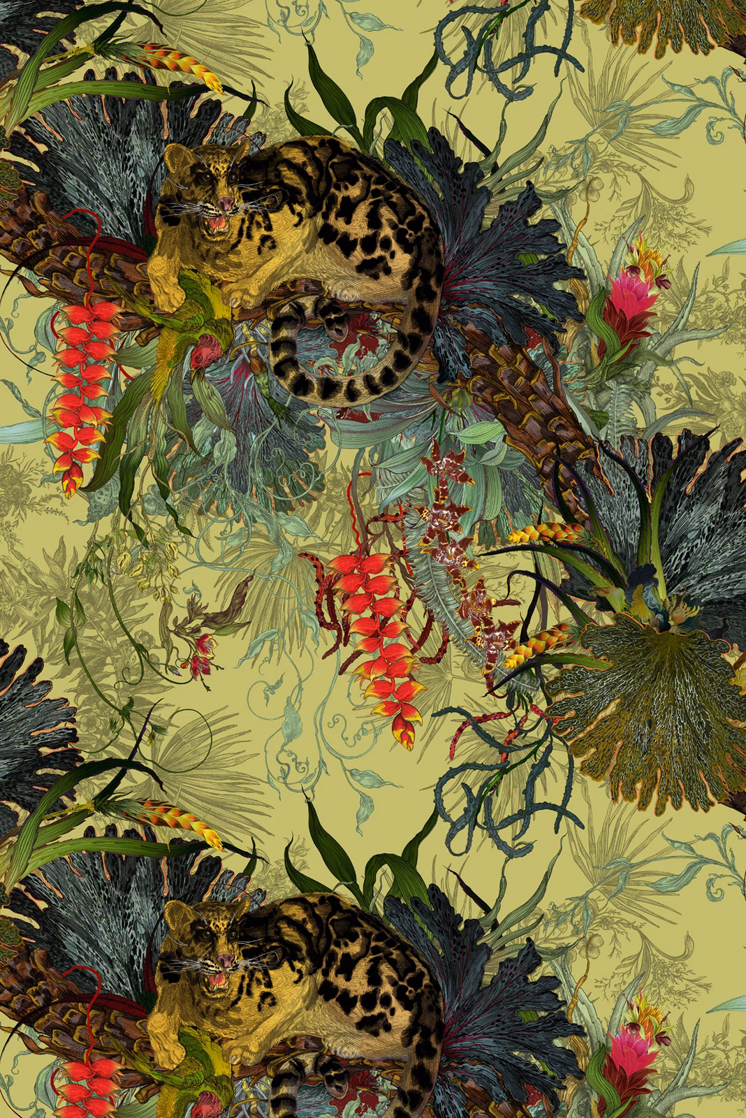 Tropical Clouded Leopard Superwide Wallpaper Light Lime fabric