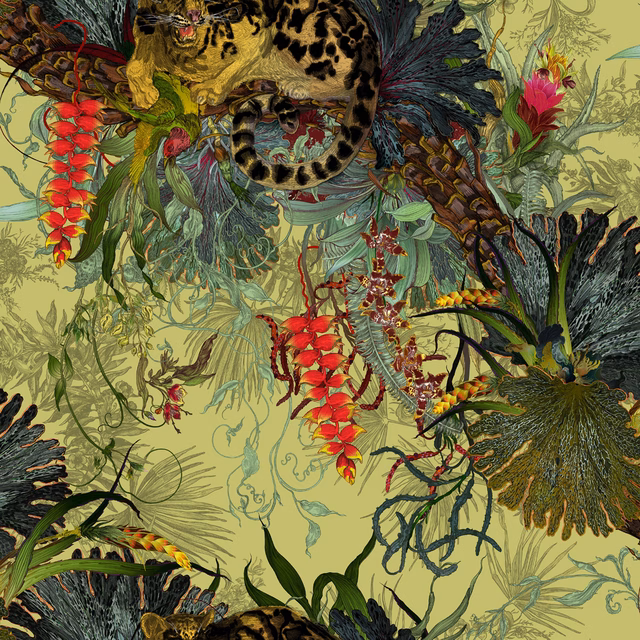 Tropical Clouded Leopard Superwide Wallpaper Light Lime fabric