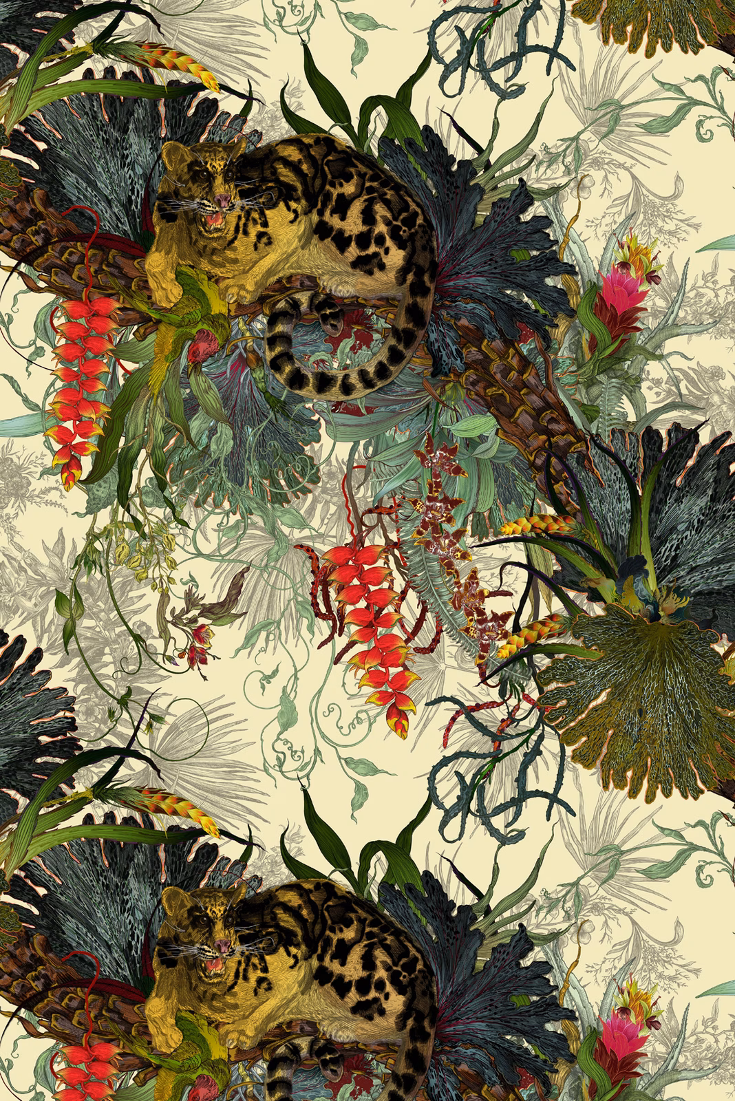 Tropical Clouded Leopard Superwide Wallpaper Vanilla fabric